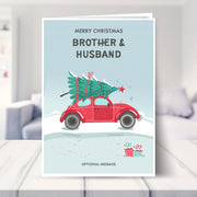 brother and husband christmas card shown in a living room