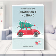 grandson and husband christmas card shown in a living room