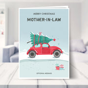 mother-in-law christmas card shown in a living room