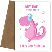 2nd Birthday Card for Any Name - Dinosaur with Headphones