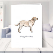 labrador birthday card shown in a living room