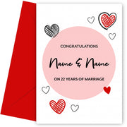 Doodle Hearts Circle 22nd Wedding Anniversary Card for Couples