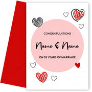 Doodle Hearts Circle 26th Wedding Anniversary Card for Couples