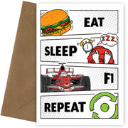 F1 Birthday Card for Adult or Teenager - Eat Sleep F1 Repeat Birthday Cards
