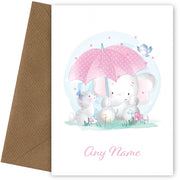 Personalised Elephant And Kitten With Umbrella Card
