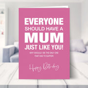funny birthday card for Mum shown in a living room