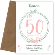 Couples 50th Wedding Anniversary Card - Fiftieth Golden - Floral