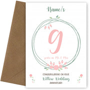 Couples 9th Wedding Anniversary Card - Ninth / Willow - Floral