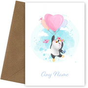 Personalised Flying Penguin With Heart Balloon Card