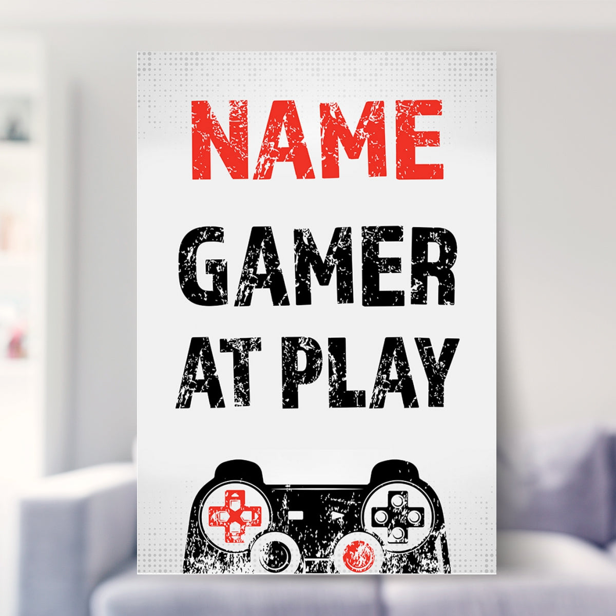 framed gaming prints shown in a living room