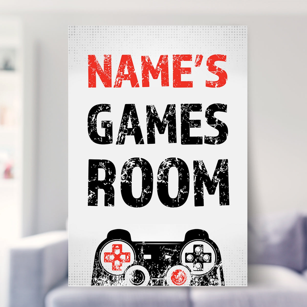 framed gaming prints shown in a living room