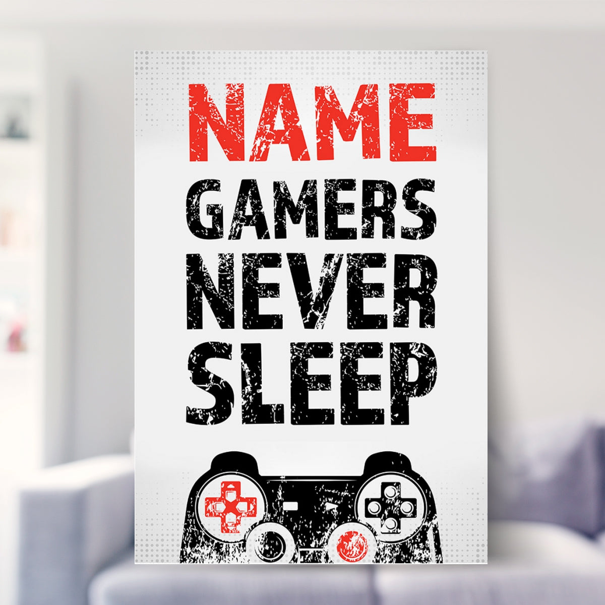 framed gaming prints shown in a living room