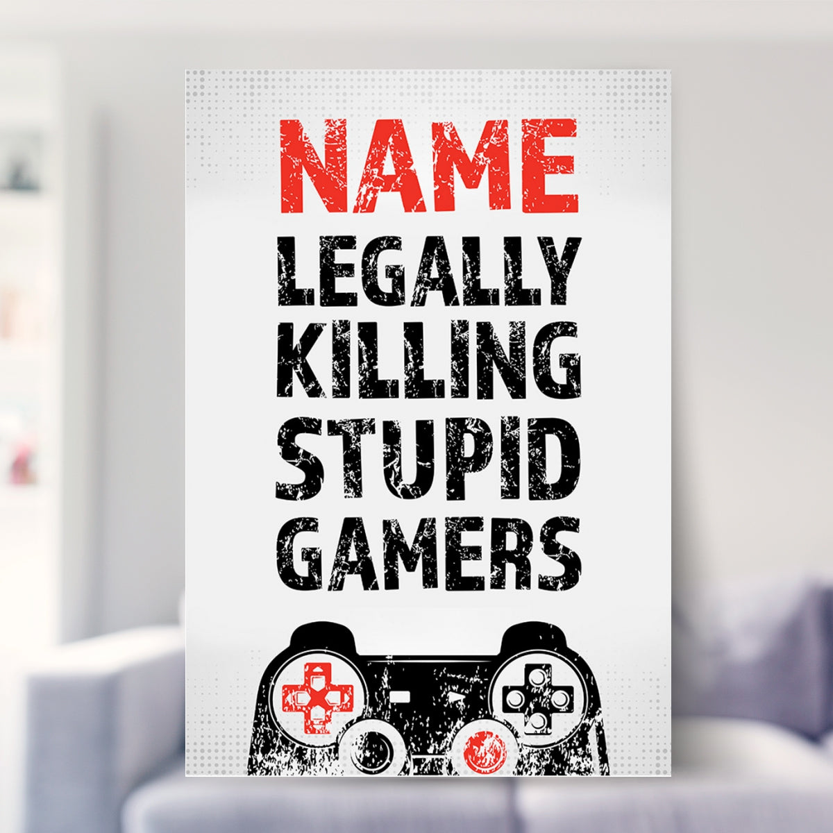 framed gaming prints shown in a living room