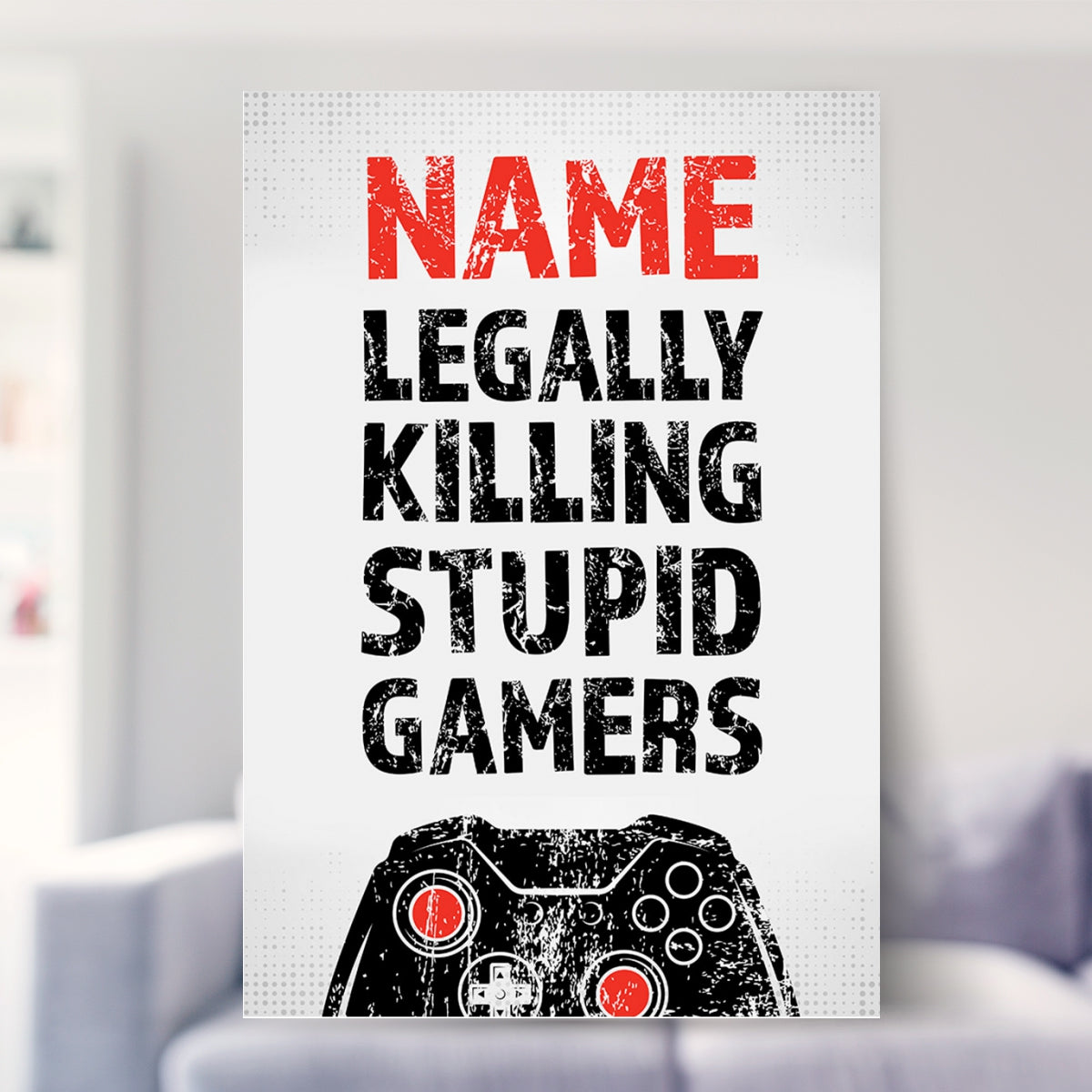 framed gaming prints shown in a living room