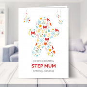 Step Mum christmas card shown in a living room