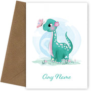 Personalised Green Dinosaur Playing With Butterfly Card