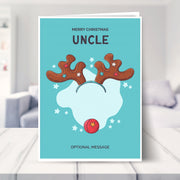 Uncle christmas card shown in a living room