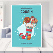 Cousin christmas card shown in a living room