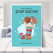 Step Sister christmas card shown in a living room