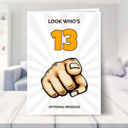 funny 13th birthday card shown in a living room