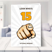 funny 15th birthday card shown in a living room