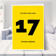 funny 17th birthday card shown in a living room