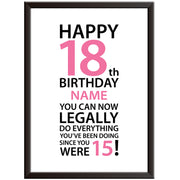 Personalised Happy 18th, Legally Birthday Print - Female