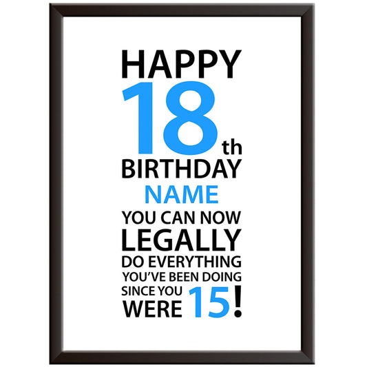 Personalised Happy 18th, Legally Birthday Print - Male