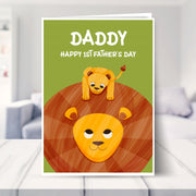 happy 1st fathers day card shown in a living room