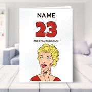 funny 23rd birthday card shown in a living room