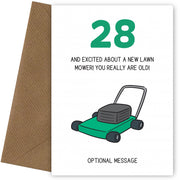 Happy 28th Birthday Card - Excited About Lawn Mower!