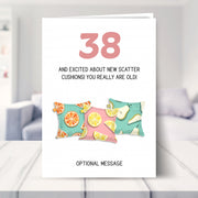 funny 38th birthday card shown in a living room