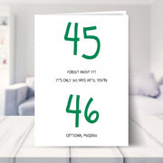 funny 45th birthday card shown in a living room