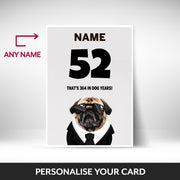 What can be personalised on this 52nd birthday card for him