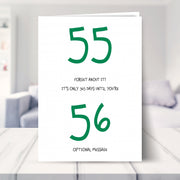 funny 55th birthday card shown in a living room