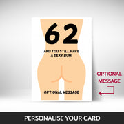 What can be personalised on this 62nd birthday card for women