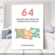 funny 64th birthday card shown in a living room
