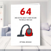 funny 64th birthday card shown in a living room