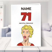 funny 71st birthday card shown in a living room