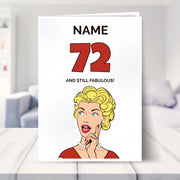 funny 72nd birthday card shown in a living room
