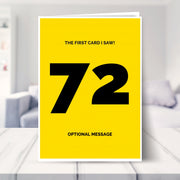 funny 72nd birthday card shown in a living room