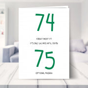 funny 74th birthday card shown in a living room