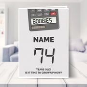 happy 74th birthday card shown in a living room