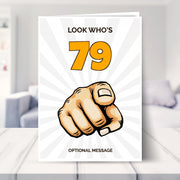 funny 79th birthday card shown in a living room
