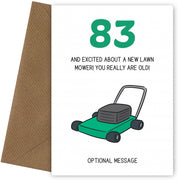 Happy 83rd Birthday Card - Excited About Lawn Mower!