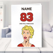 funny 83rd birthday card shown in a living room