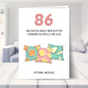 funny 86th birthday card shown in a living room