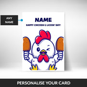 What can be personalised on this chicken and licking day card