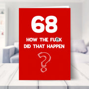 funny 68th birthday card shown in a living room