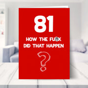 funny 81st birthday card shown in a living room